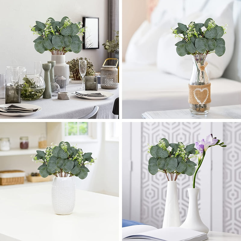 24pcs,Artificial Eucalyptus Leaf Stems With White Seeds Plant Silver Dollar Eucalyptus Leaves Fake Green Leaf Stem Plant Wedding Bouquet Indoor Green Decorations (Round Leaves)