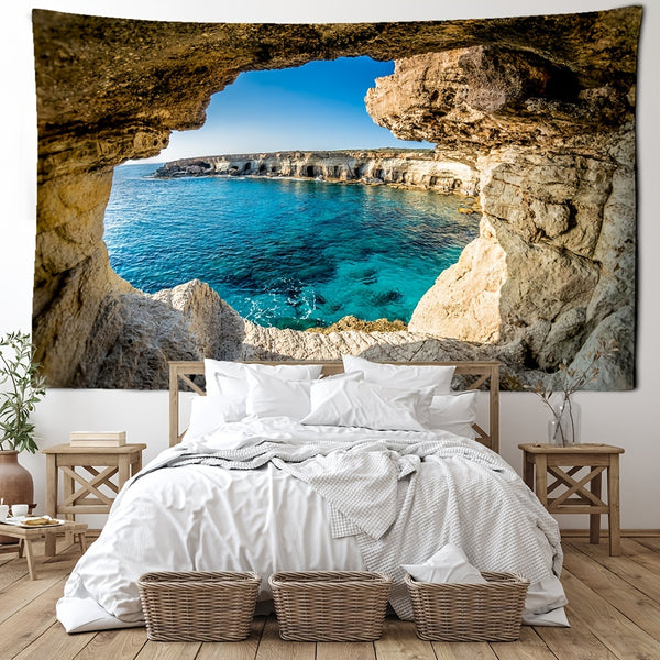 1pc Mountain Cave Seaside Landscape Tapestry Natural Scenery Bohemian Decoration, Free Installation Package Home Decor Living Room Bedroom Decoration