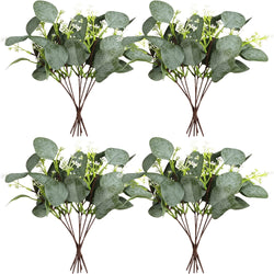 24pcs,Artificial Eucalyptus Leaf Stems With White Seeds Plant Silver Dollar Eucalyptus Leaves Fake Green Leaf Stem Plant Wedding Bouquet Indoor Green Decorations (Round Leaves)