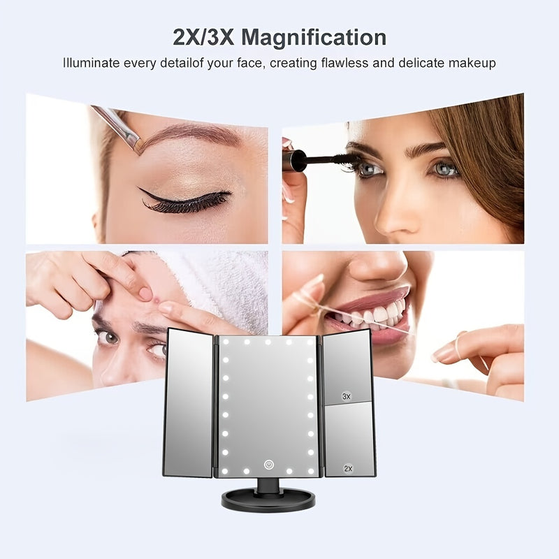 Makeup Mirror Vanity Mirror With Lights 2X 3X Magnification Lighted Makeup Mirror Touch Control Trifold Makeup Mirror Dual Power Supply Portable LED Makeup Mirror Women Gift