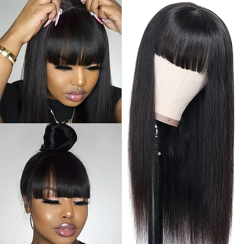 Silky Bone Straight Human Hair Wigs With Bangs None Lace Front Wigs For Women 180% Density Unprocessed Brazilian Virgin Human Hair Wigs Machine Made Glueless Wigs