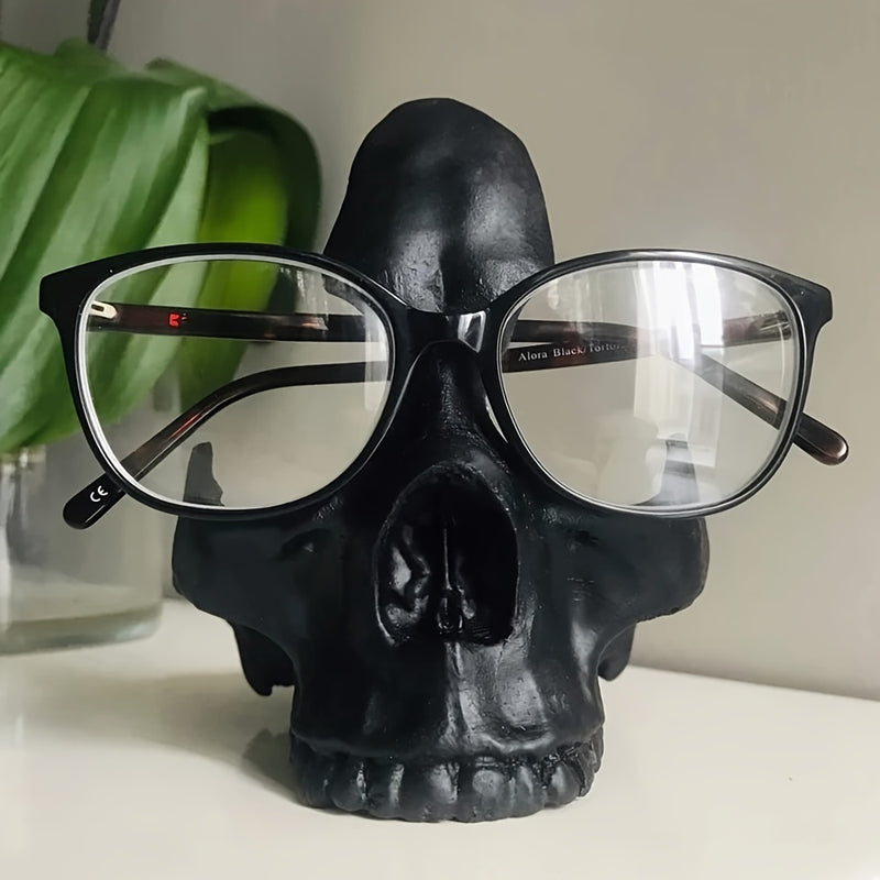 1pc Gothic Skull Glasses Holders, Skull Statues Eyewear Stand Crafts Tabletop Desktop Ornament, For Home Office Room Decor Birthday Halloween (4.8*5.6*5.6in)