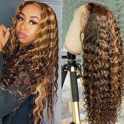 Highlight Wig Human Hair 13X4 Deep Wave Frontal Wig P4/27 Honey Blonde Highlighted Lace Frontal Wigs For Women