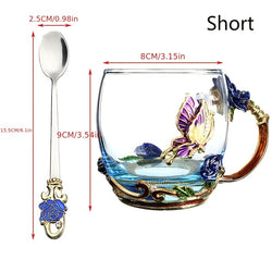 1pc Rose Enamel Crystal Tea Cup, Coffee Mug, Tumbler Butterfly Rose Painted Flower Water Cups, Clear Glass With Spoon Set