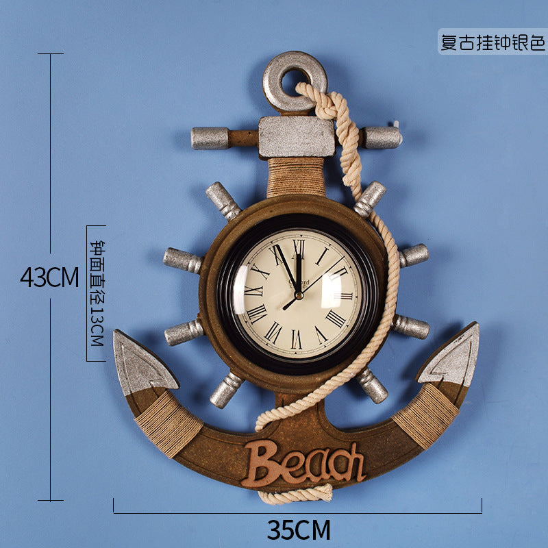 Wooden Mediterranean style retro vintage ship anchor clock