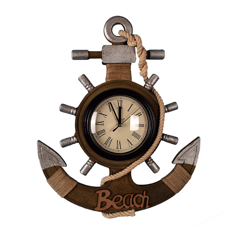 Wooden Mediterranean style retro vintage ship anchor clock