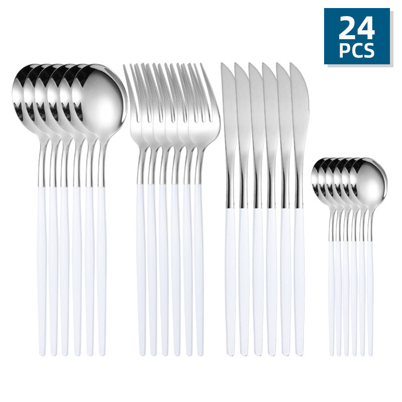 24 Pcs/Set Stainless Steel Cutlery, Portuguese Cutlery Spoon, Western Cutlery Set, Colorful Silverware For Wedding Dinning Household Tableware, Kitchen Supplies