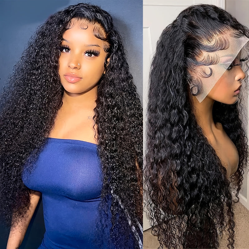 Brazilian Deep Curly Transparent Lace Front Wigs Wet Wavy Human Hair 13x4 Ear To Ear Lace Frontal Wigs Deep Curly Wave Wig For Women With Baby Hair Pre Plucked 100% Unprocessed Virgin Hair Natural Black