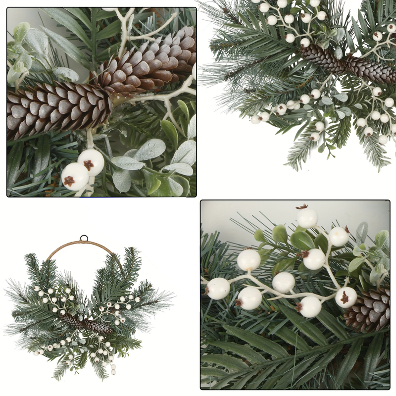 16 Inch Frozen Silver White Wreath with Berries and Artificial Cones