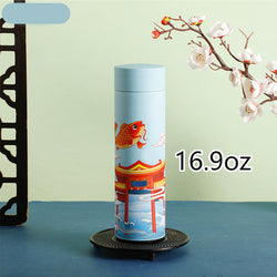 1pc Chinese Style Warm Cup Water Cup, 304 Stainless Steel Water Cup, Vacuum Cup, Chinese Style Cartoon Animal Crane Fish Lion 16.9oz
