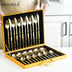 24pcs Elegant Tableware Set, Stainless Steel Mirror Polished Silverware Set, Golden / Silvery Flatware Set With Gift Box, Wedding Dining Household Fork Spoon Knife Cutlery Set, Kitchen Accessories
