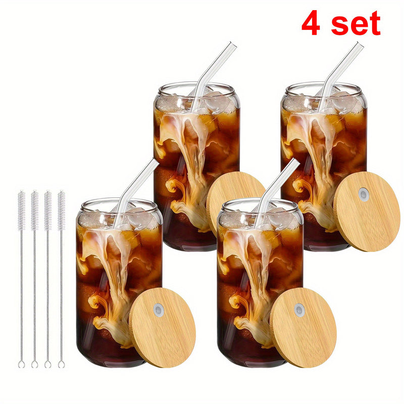 1Set(1cup+cover+starw+bruch) Drinking Glasses With Bamboo Lid And Glass Straw, 16oz Can Shaped Glass Cups, Beer Glasses, Iced Coffee Glasses, Cute Tumbler Cup, Ideal For Cocktail, Whiskey, Gift, Cleaning Brush 6inch
