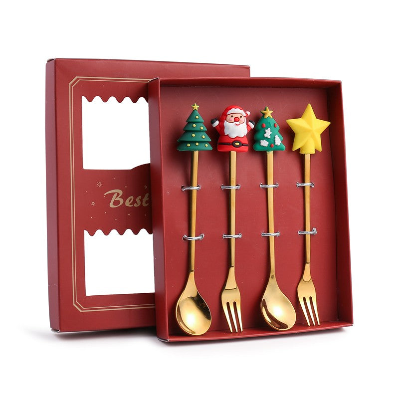 4pcs, Christmas Style Cutlery Set, 2 Forks And 2 Spoons, Christmas Gifts, Santa Claus Christmas Tree