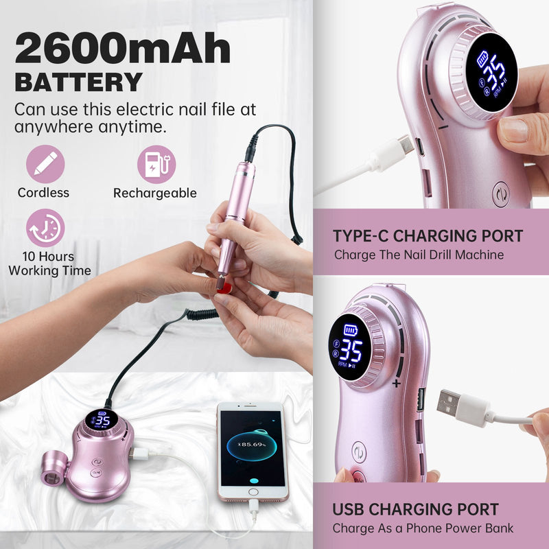 Portable Electric Nail Drill Machine Kit Professional Rechargeable Manicure Pedicure Polishing Shape Tools For Acrylic Nail Gel Nails,With 56 Pieces Belt Drill Nail Clipper