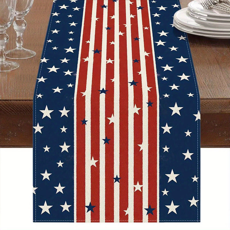 1pc 4th Of July Table Runner, Red Blue Stripes And Stars Patriotic Memorial Independence Day Decoration Linen Table Runners For Farmhouse Kitchen Dining Holiday Birthday Party, 13x 72inches