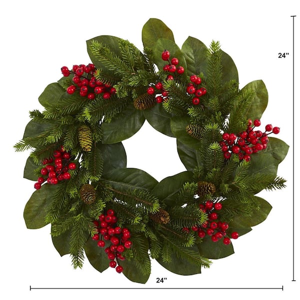 24” Magnolia Leaf, Berry and Pine Artificial Wreath