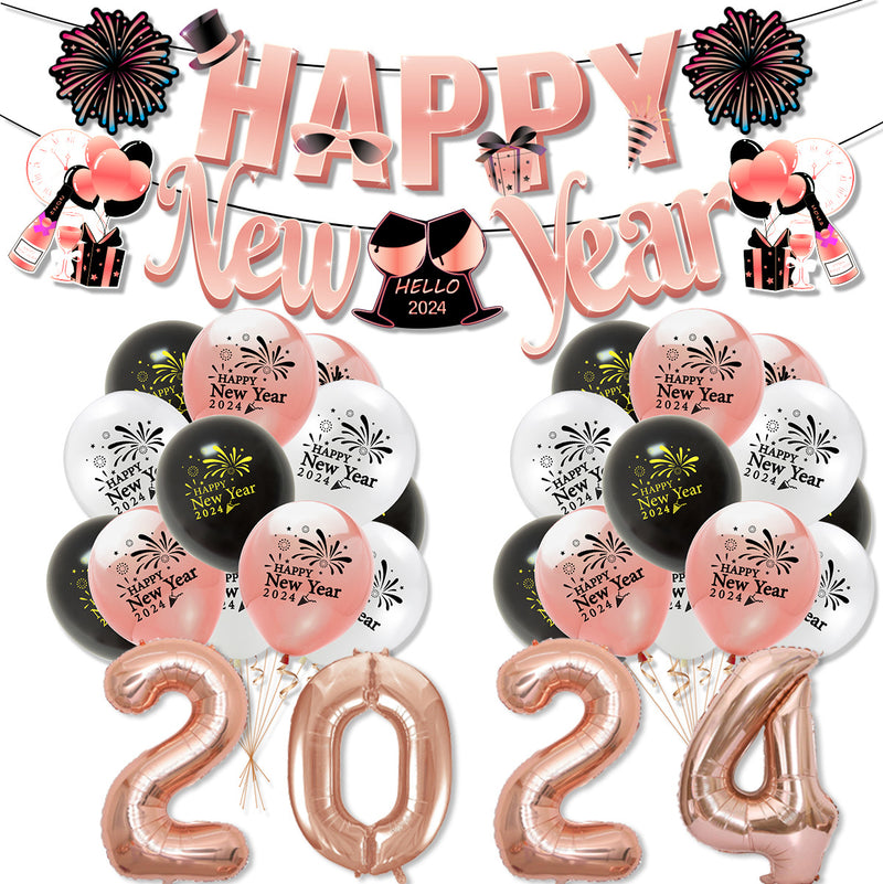 2024 New Year's Theme Party Decoration HappyNewYear New Year's Eve Banner Insert Plate Row Rose Gold Balloon Sets