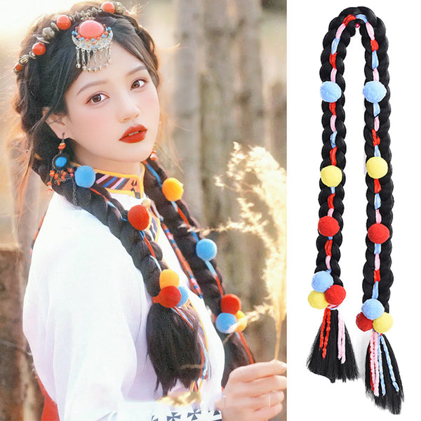Tibetan wig braid wig ponytail braid colorful Fried Dough Twists braid exotic ethnic style Tibetan folk wig braid
