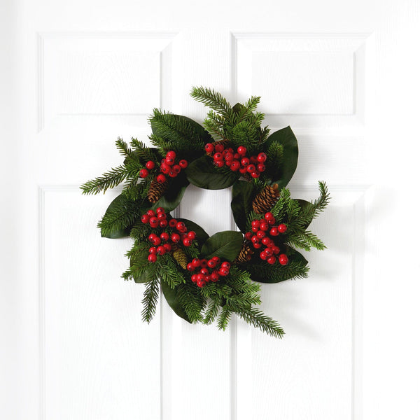19” Magnolia Leaf, Berry and Pine Artificial Wreath