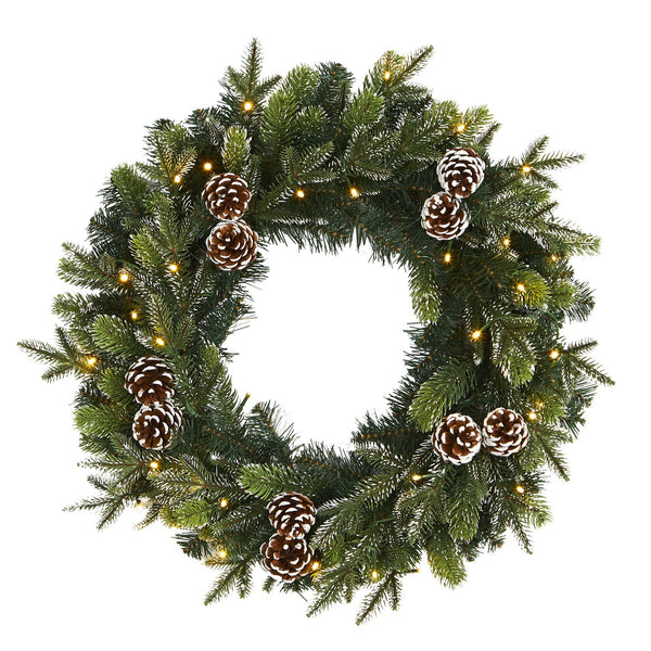 24” Snowed Pinecone Artificial Christmas Wreath with 35 Clear LED Lights