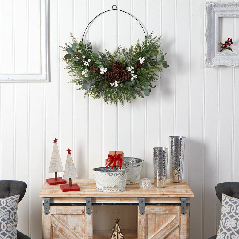 28” Christmas Pine, Eucalyptus, and Berries Metal Circlet Artificial Wreath