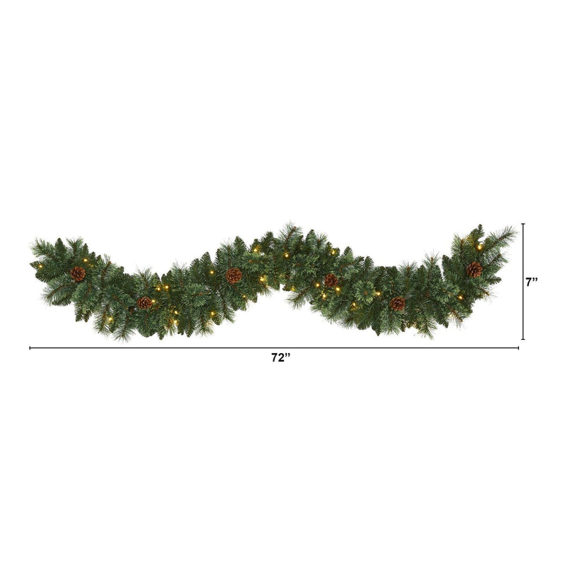 6’ White Mountain Pine Artificial Garland with 35 White Warm LED Lights and Pinecones