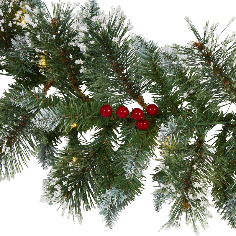 9’ Frosted Swiss Pine Artificial Garland with 50 Clear LED Lights and Berries