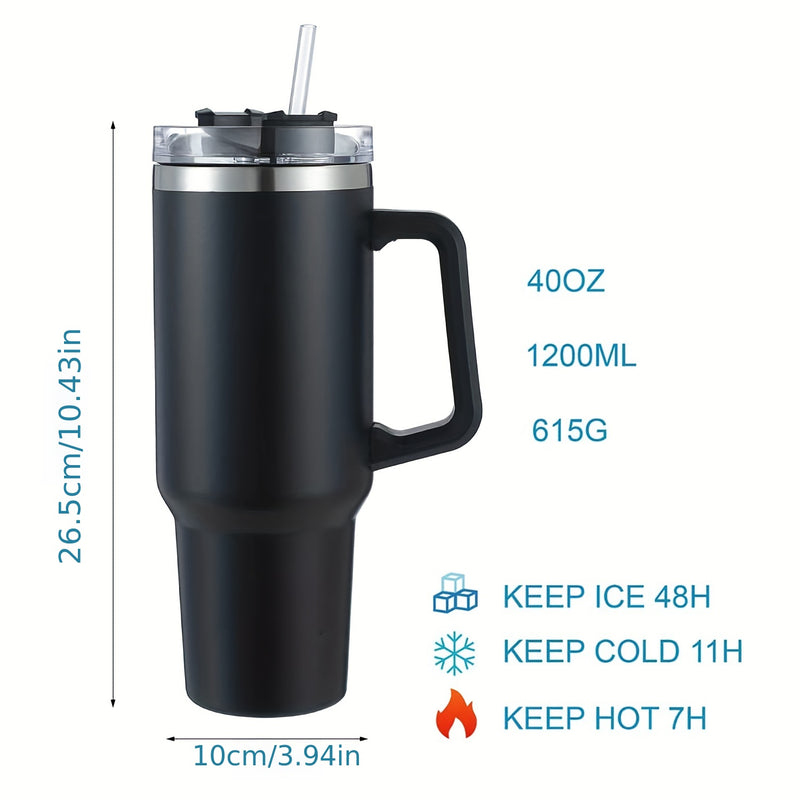 1pc Tumbler With Handle 40 Oz, Double Wall Vacuum Coffee Tumbler, Stainless Steel Tumbler With Handle, For Ice Drinks & Hot Drinks, Travel Coffee Mug With Straw