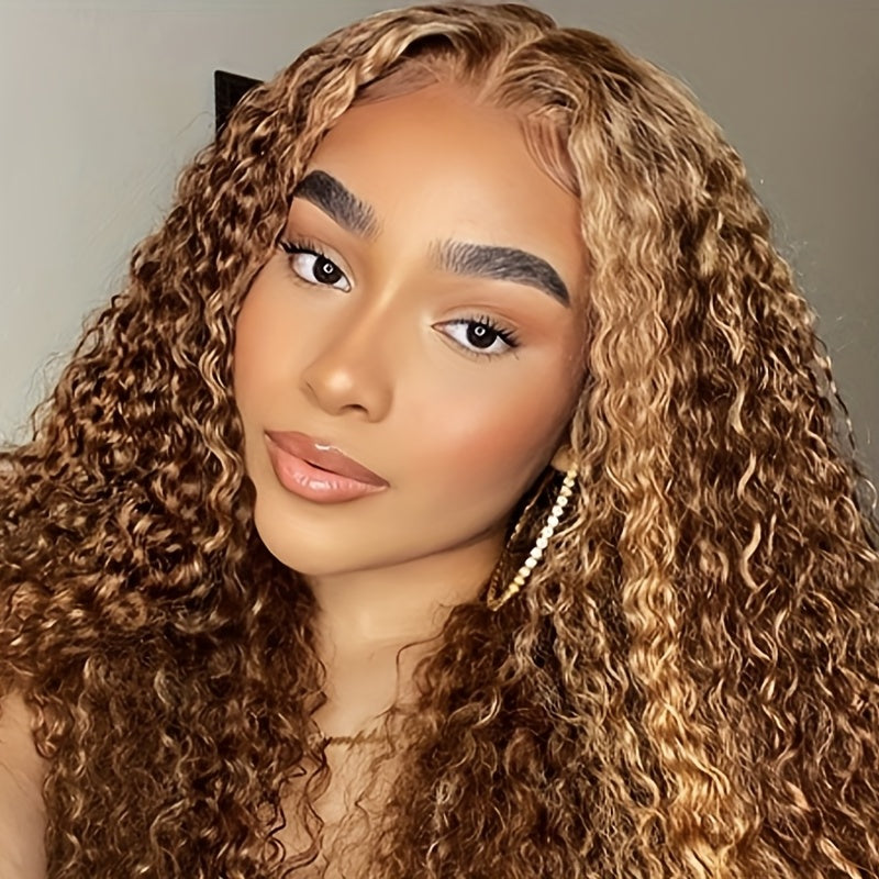 180% Density Highlight Ombre 13x4 Curly Human Hair Lace Frontal Wig Brazilian Remy Honey Blonde Deep Wave T Part Front Wig For Women