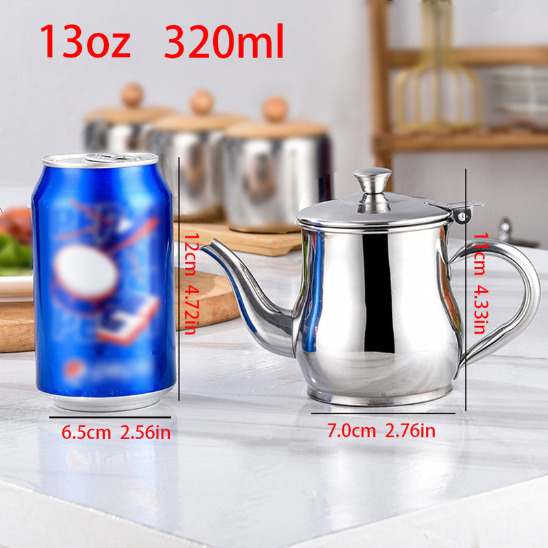 1pc Mini Stainless Steel Oil Pot With Strainer, Condiment Pot, 13oz, Small Stainless Steel Oil Pot
