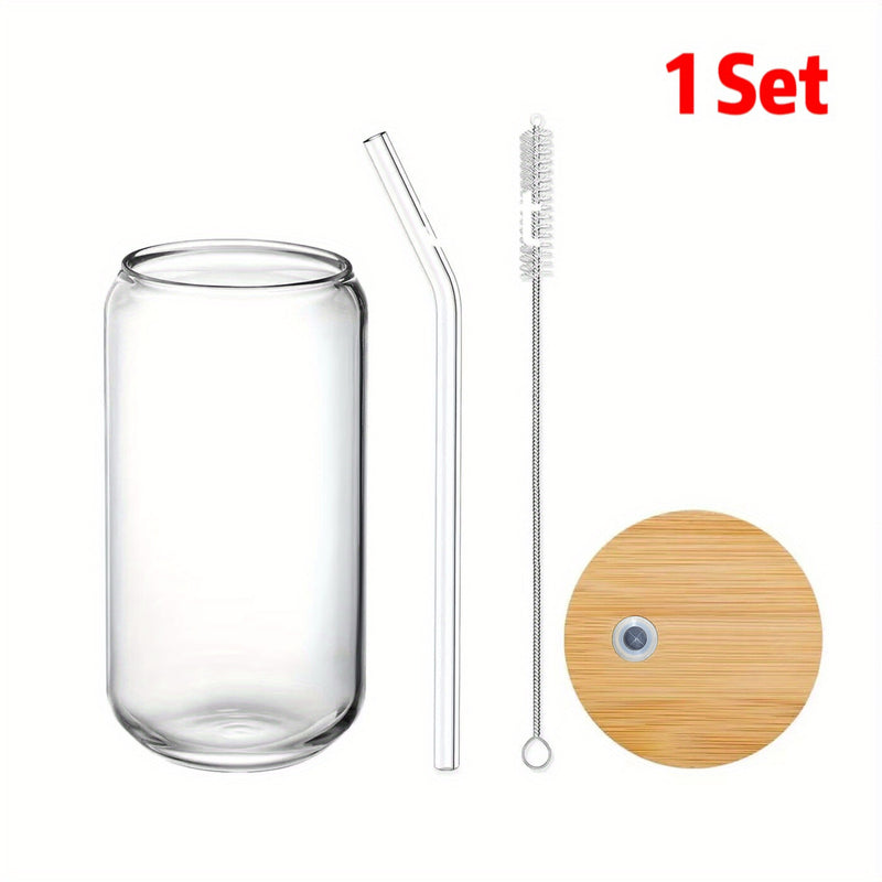 1Set(1cup+cover+starw+bruch) Drinking Glasses With Bamboo Lid And Glass Straw, 16oz Can Shaped Glass Cups, Beer Glasses, Iced Coffee Glasses, Cute Tumbler Cup, Ideal For Cocktail, Whiskey, Gift, Cleaning Brush 6inch