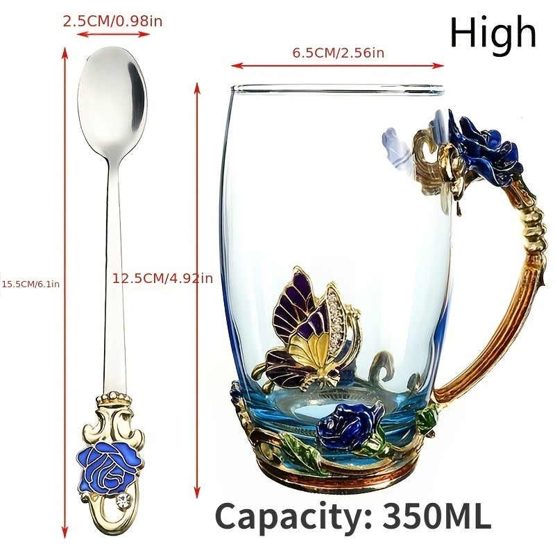 1pc Rose Enamel Crystal Tea Cup, Coffee Mug, Tumbler Butterfly Rose Painted Flower Water Cups, Clear Glass With Spoon Set