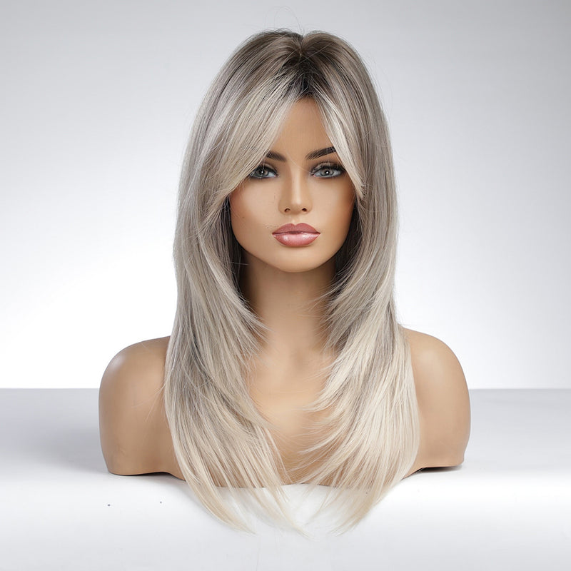 Long Ombre Grey Blonde Wigs For Women, Synthetic Layered Hair Wig , Heat Resistant Synthetic Wig