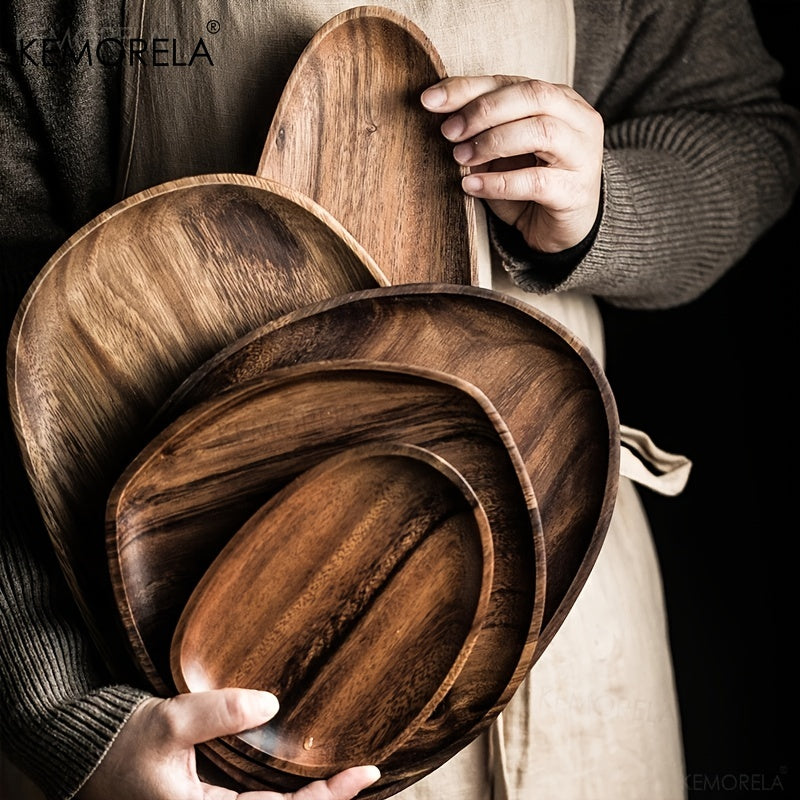1pc Wood Dinner Plates, Irregular Oval Solid Wood Plates