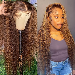 180% Density Highlight Ombre 13x4 Curly Human Hair Lace Frontal Wig Brazilian Remy Honey Blonde Deep Wave T Part Front Wig For Women