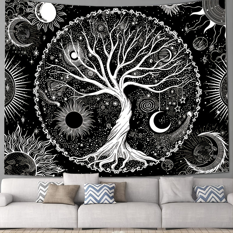 1pc Tree Of Life Tapestry Black And White Wall Tapestry For Bedroom, Sun And Moon Stars Galaxy Space Tapestry, Aesthetic Wall Hanging For Living Dinning Room Decoration, 51x60inch