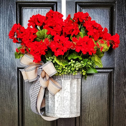 1pc Red Geranium Spring Bucket Wreath For Front Door Handmade Farmhouse Wreath Creative Summer Bucket Wreath (10*14in)