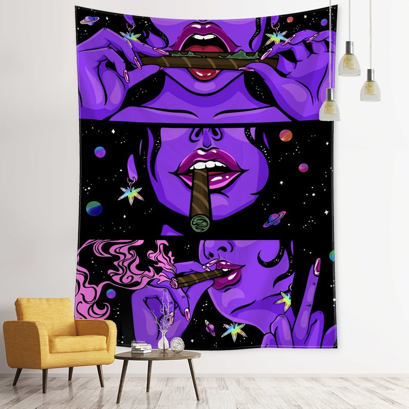 1pc Purple Smoking Girl Tapestry Wall Hanging, Art Dormitory Room Decoration Background Cloth, Free Installation Package