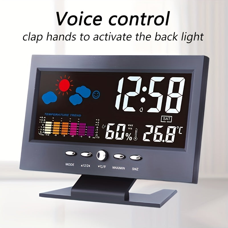 1pc Weather Clock With Time Date Week Temperature Humidity Display Weather Forecast Function With Voice-activated Backlight Function 15.6X4X9.6CM/6.1*3.7*1.5in
