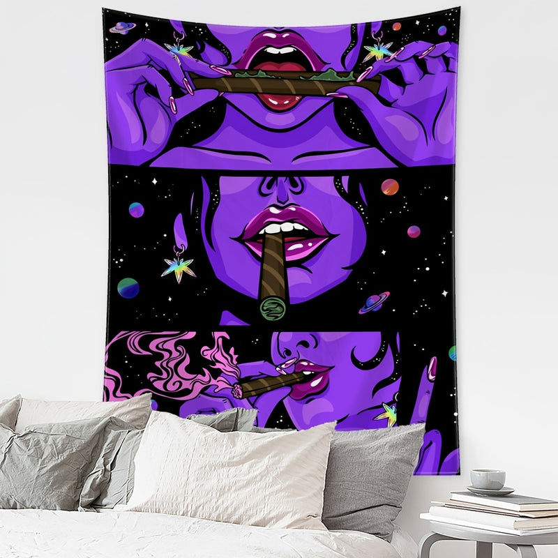 1pc Purple Smoking Girl Tapestry Wall Hanging, Art Dormitory Room Decoration Background Cloth, Free Installation Package