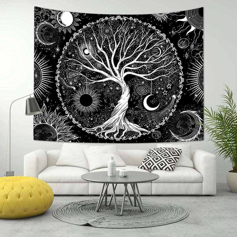 1pc Tree Of Life Tapestry Black And White Wall Tapestry For Bedroom, Sun And Moon Stars Galaxy Space Tapestry, Aesthetic Wall Hanging For Living Dinning Room Decoration, 51x60inch