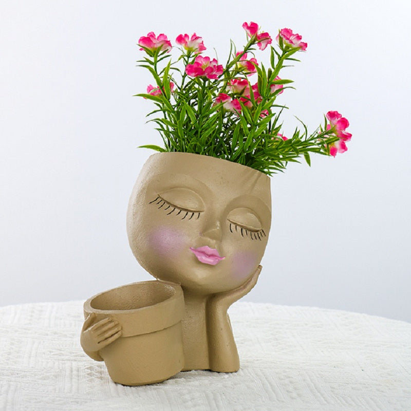 1pc Double Flower Pots, Resin Rustic Girl Figure Planter Vase Succulent Pots With Drainage, For Home Garden Patio Indoor Outdoor Decor