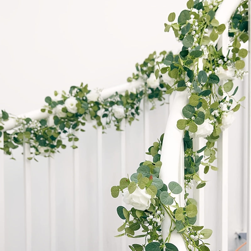 1pc 70.8in Artificial Eucalyptus Garland With Flowers, Fake Rose Gypsophila Garland, Faux Floral Garland Greenery Garland For Wedding Home Party Craft Art Table Runner Decor