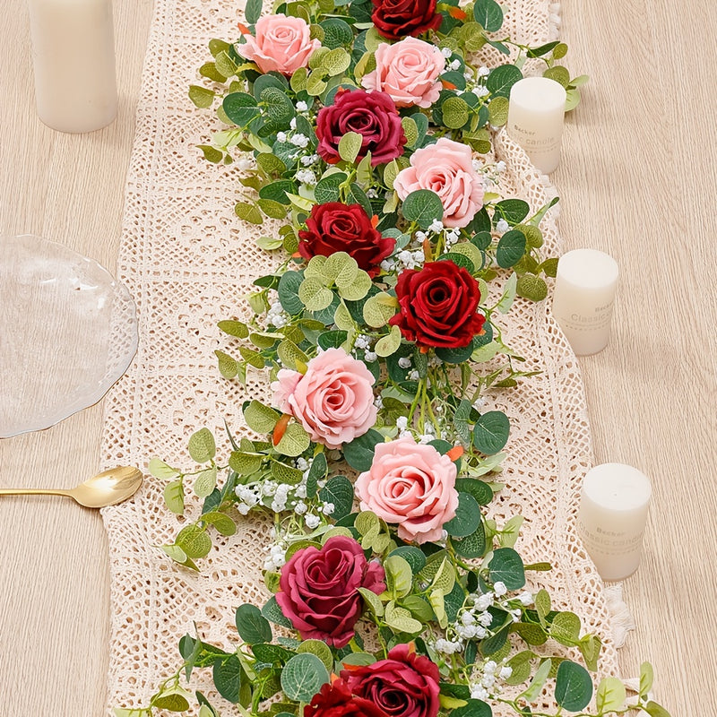 1pc 70.8in Artificial Eucalyptus Garland With Flowers, Fake Rose Gypsophila Garland, Faux Floral Garland Greenery Garland For Wedding Home Party Craft Art Table Runner Decor