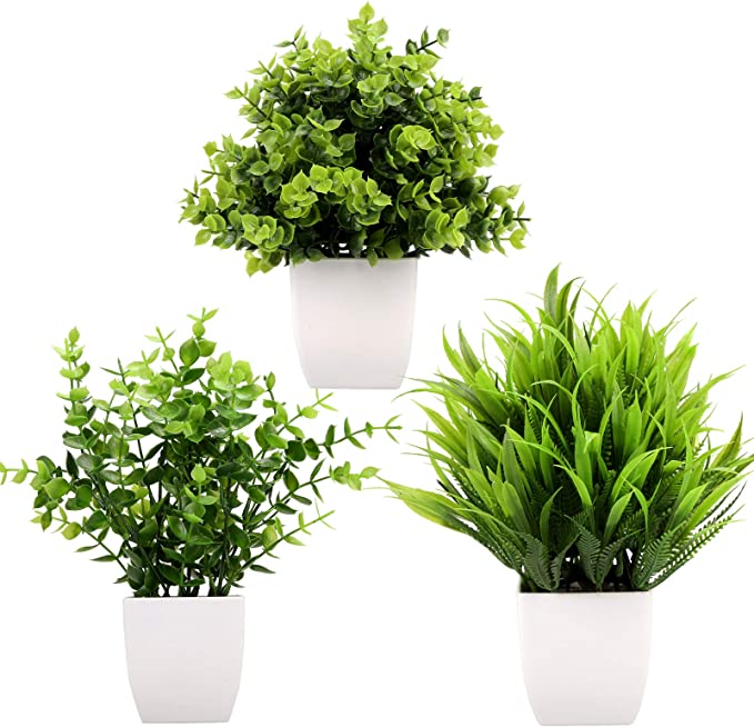 3Pack Mini Fake Plants in Pots,Artificial Plastic Eucalyptus Plants,Wheat Grass Potted Faux Plants Indoor for Office Desk Coffee Table Bathroom Bedroom Home Decorations