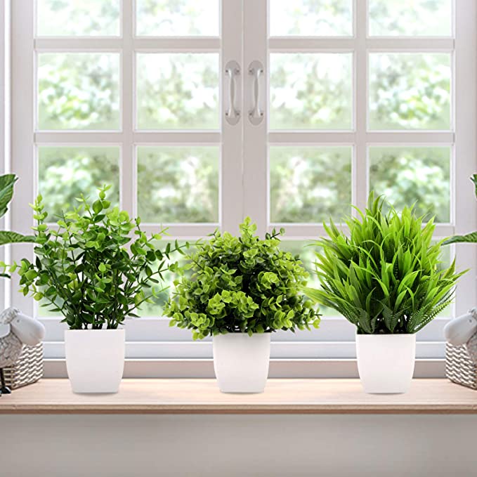 3Pack Mini Fake Plants in Pots,Artificial Plastic Eucalyptus Plants,Wheat Grass Potted Faux Plants Indoor for Office Desk Coffee Table Bathroom Bedroom Home Decorations