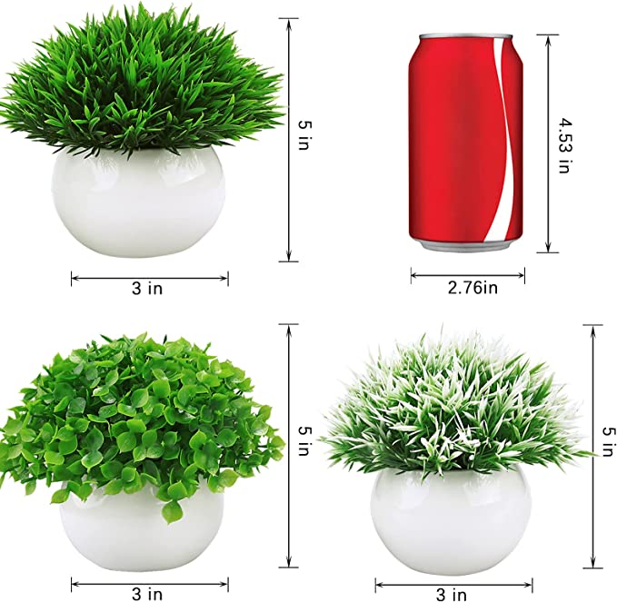 5 Pack Mini Artificial Plants in Ceramics Pots for Bathroom Home Decor Indoor, 2 Fake Mini Plant Green Boxwood Potted,3 Grass Faux Plant in White Pot for Bookshelf Farmhouse Decorations
