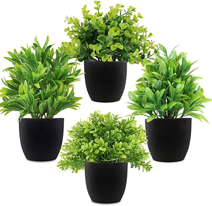 Artificial Potted Plants Mini Fake Plants in Pots, 4 Pack Small Eucalyptus Potted Faux Decorative Grass Plant with White Plastic Pot for Home Decor, Indoor, Office, Desk, Table Decoration Visit the LELEE Store