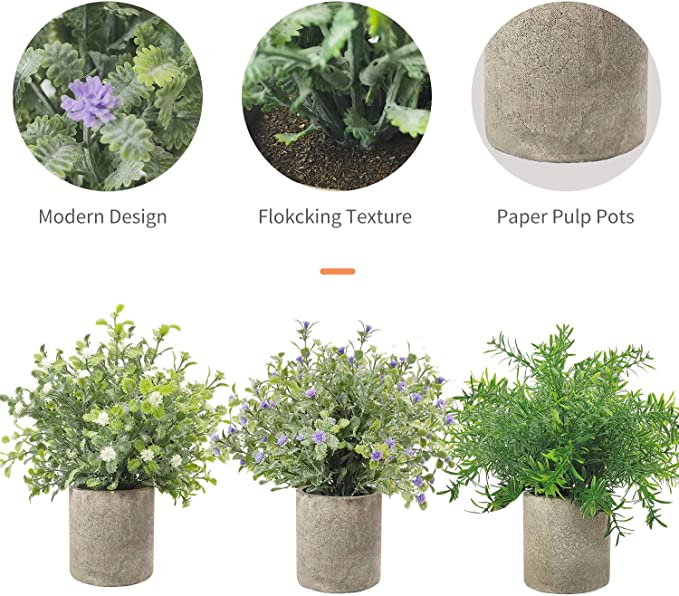 3 Pack Small Potted Artificial Plastic Plants, Mini Fake Rosemary Plant Faux Flower Houseplants for Home Decor Indoor, 9.5" Tall Greenery Plants for Wedding Home Office Desk Garden, Indoor & Outdoor