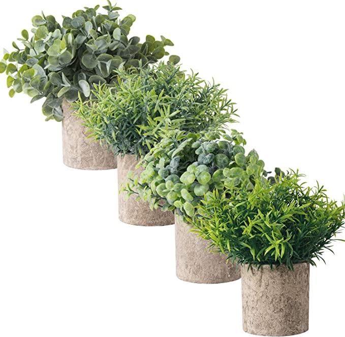 Set of 4 Artificial Plant Mini Potted Fake Plants Faux Eucalyptus Boxwood Rosemary Greenery in Pots Face Plant Decor Small Houseplants for Home Decor Office Desk Bathroom Decoration…